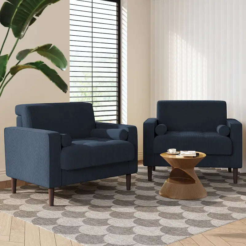 Fauteuil d'appoint en velours côtelé Mid-Century avec coussin cylindrique et pieds en bois