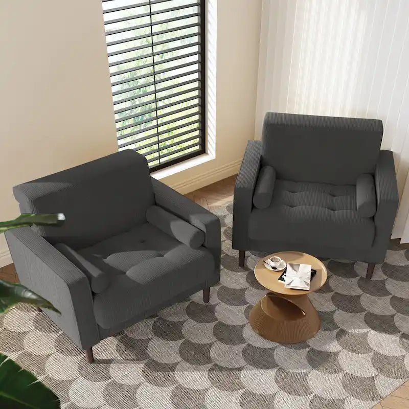 Fauteuil d'appoint en velours côtelé Mid-Century avec coussin cylindrique et pieds en bois