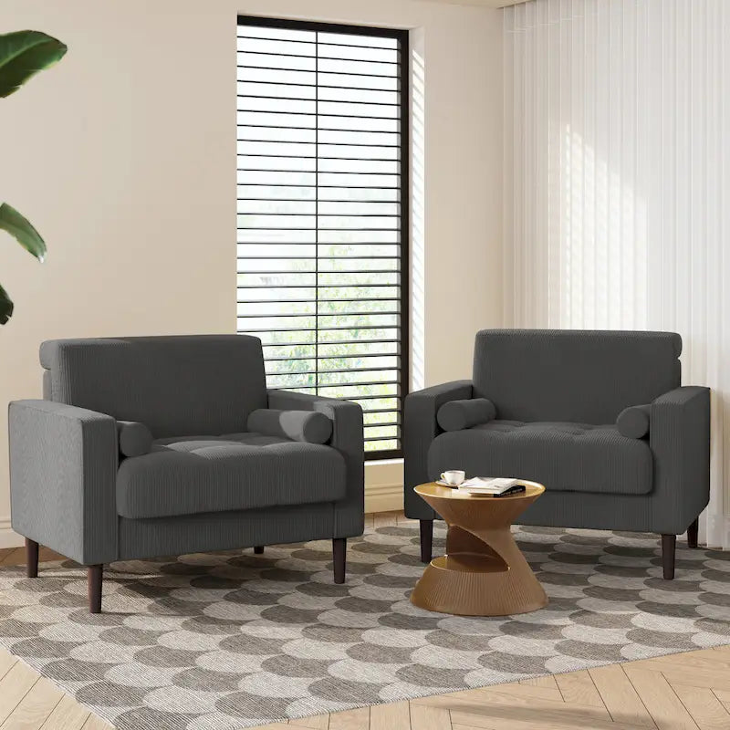 Fauteuil d'appoint en velours côtelé Mid-Century avec coussin cylindrique et pieds en bois