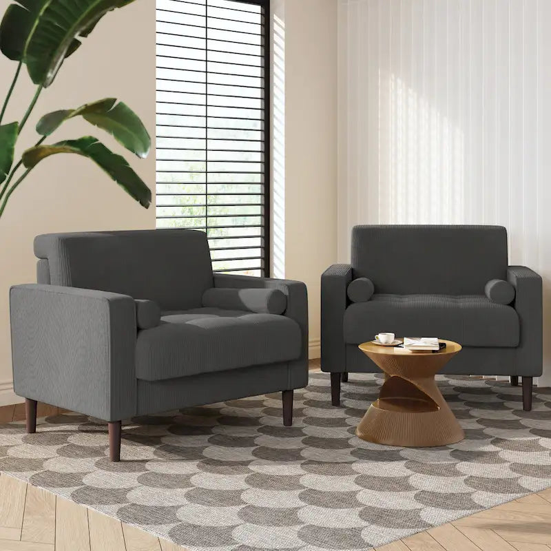 Fauteuil d'appoint en velours côtelé Mid-Century avec coussin cylindrique et pieds en bois
