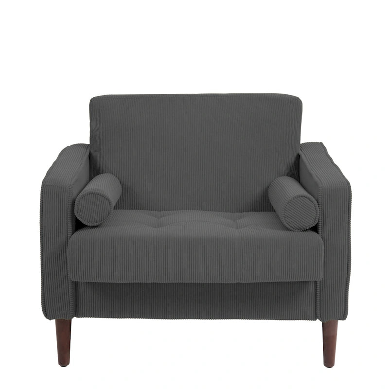 Fauteuil d'appoint en velours côtelé Mid-Century avec coussin cylindrique et pieds en bois