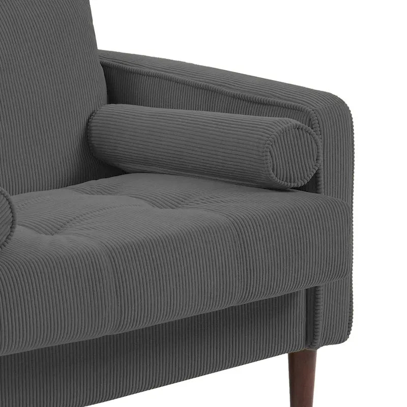 Fauteuil d'appoint en velours côtelé Mid-Century avec coussin cylindrique et pieds en bois
