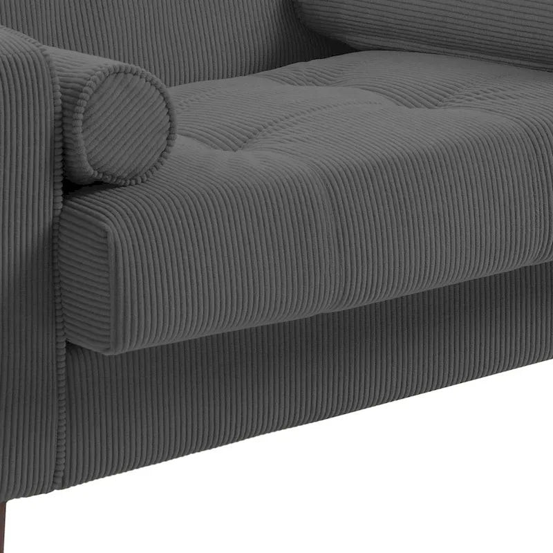 Fauteuil d'appoint en velours côtelé Mid-Century avec coussin cylindrique et pieds en bois