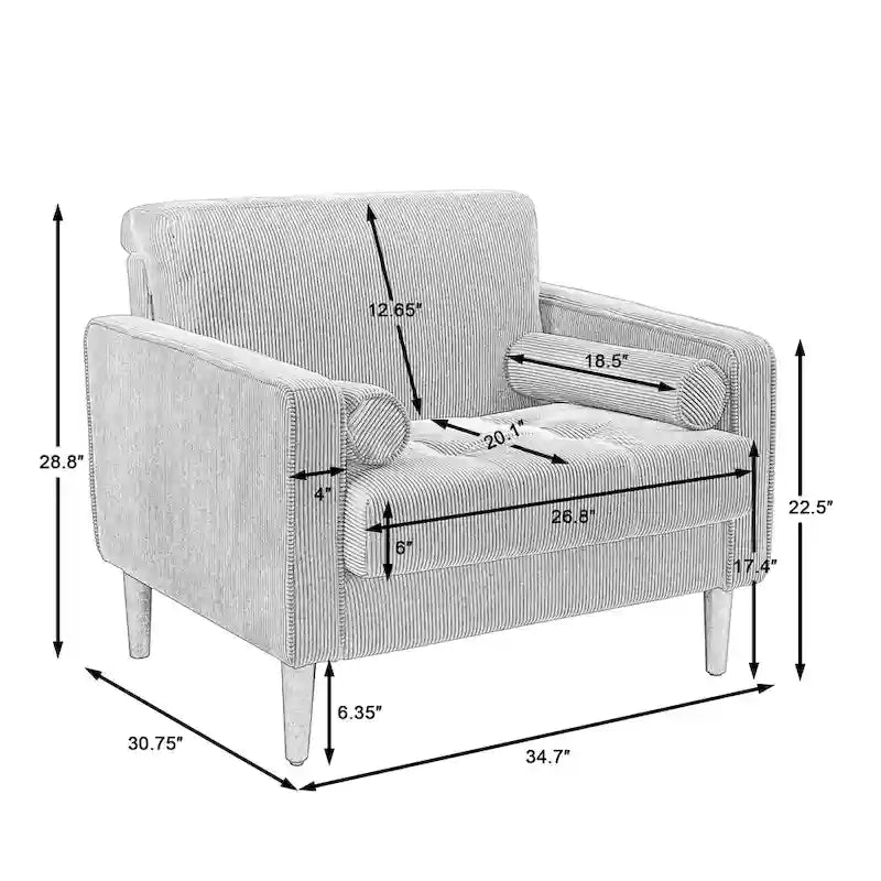 Fauteuil d'appoint en velours côtelé Mid-Century avec coussin cylindrique et pieds en bois