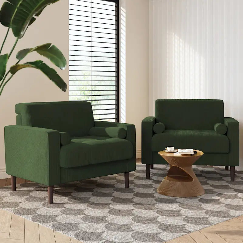 Fauteuil d'appoint en velours côtelé Mid-Century avec coussin cylindrique et pieds en bois