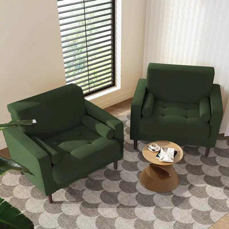 Fauteuil d'appoint en velours côtelé Mid-Century avec coussin cylindrique et pieds en bois