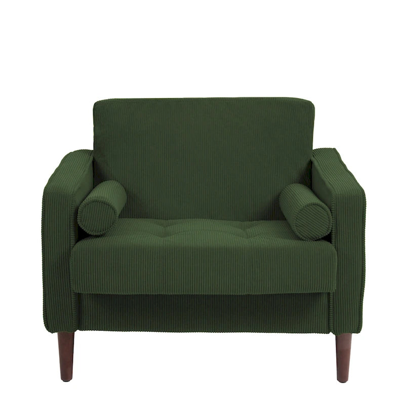 Fauteuil d'appoint en velours côtelé Mid-Century avec coussin cylindrique et pieds en bois