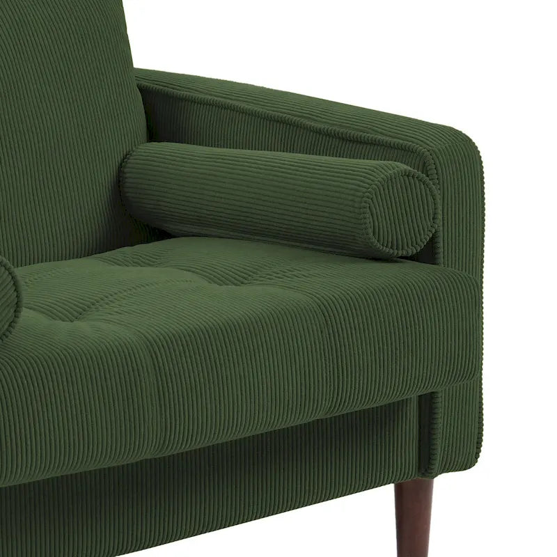 Fauteuil d'appoint en velours côtelé Mid-Century avec coussin cylindrique et pieds en bois