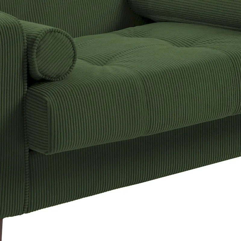 Fauteuil d'appoint en velours côtelé Mid-Century avec coussin cylindrique et pieds en bois