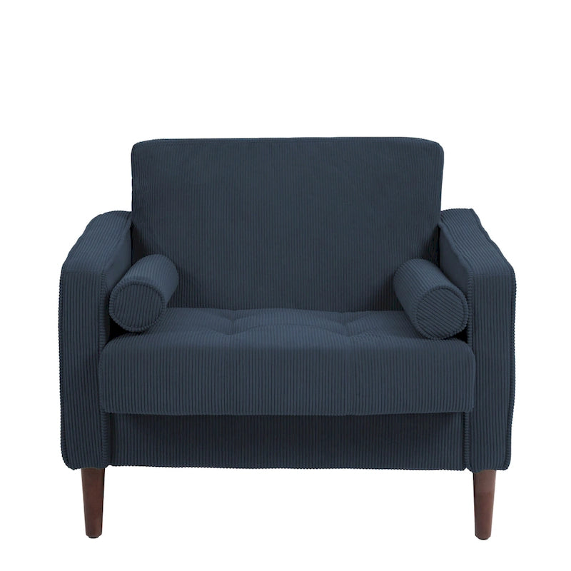 Fauteuil d'appoint en velours côtelé Mid-Century avec coussin cylindrique et pieds en bois