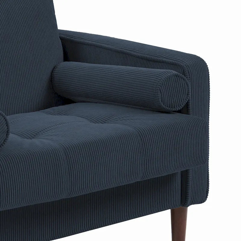 Fauteuil d'appoint en velours côtelé Mid-Century avec coussin cylindrique et pieds en bois