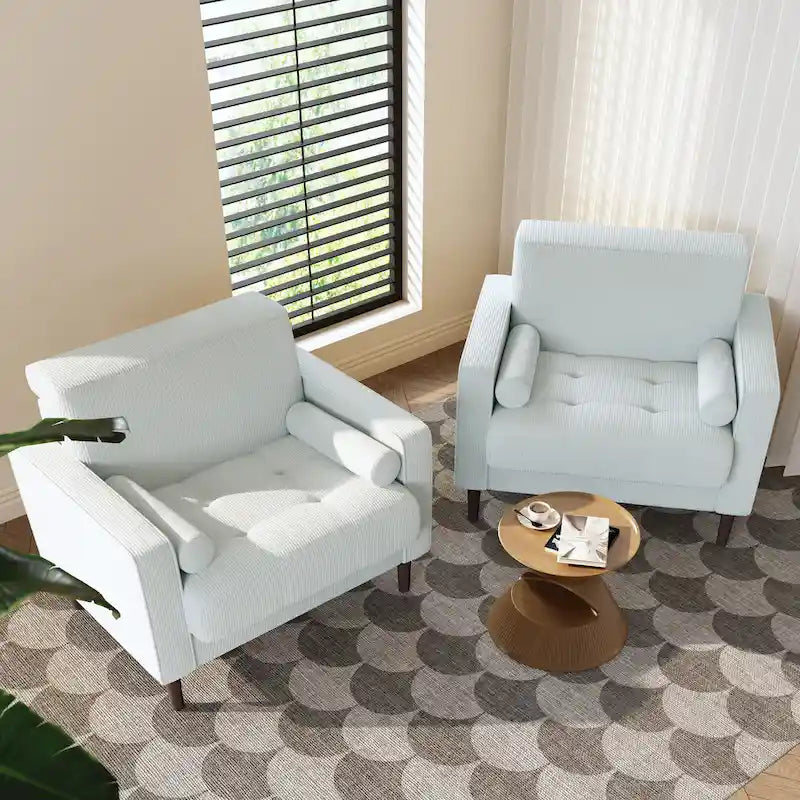Fauteuil d'appoint en velours côtelé Mid-Century avec coussin cylindrique et pieds en bois