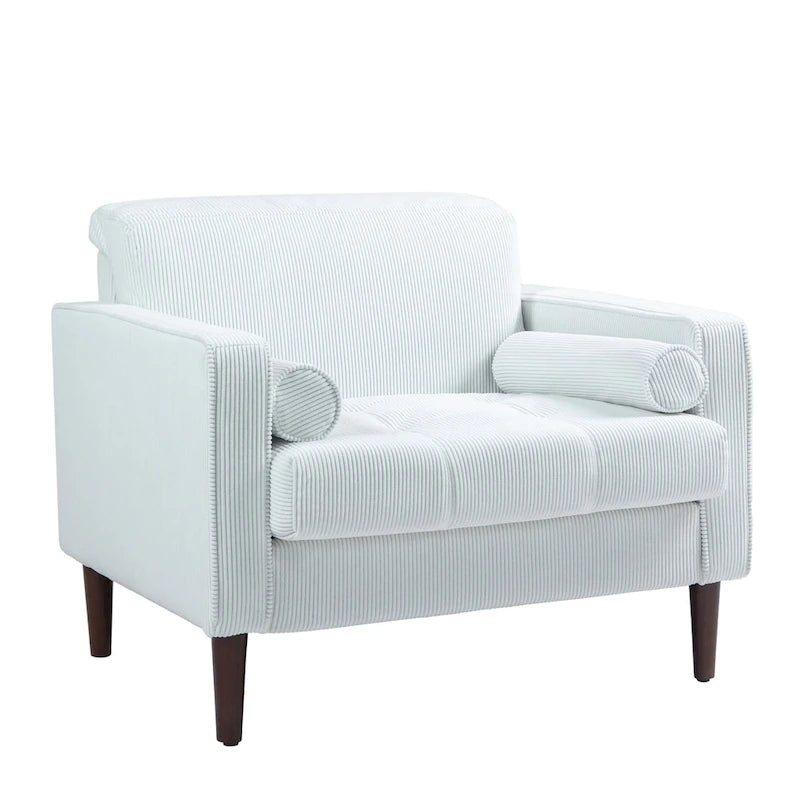 Fauteuil d'appoint en velours côtelé Mid-Century avec coussin cylindrique et pieds en bois