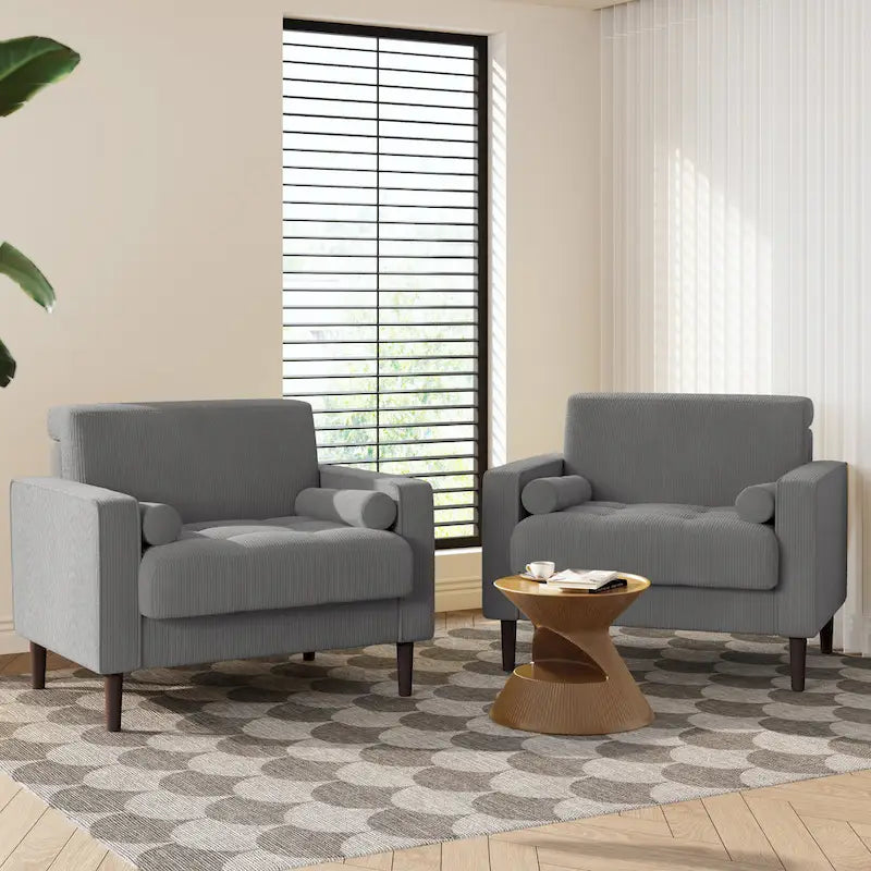 Fauteuil d'appoint en velours côtelé Mid-Century avec coussin cylindrique et pieds en bois