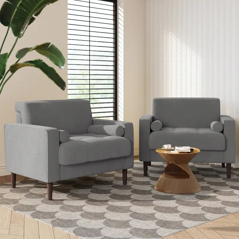 Fauteuil d'appoint en velours côtelé Mid-Century avec coussin cylindrique et pieds en bois