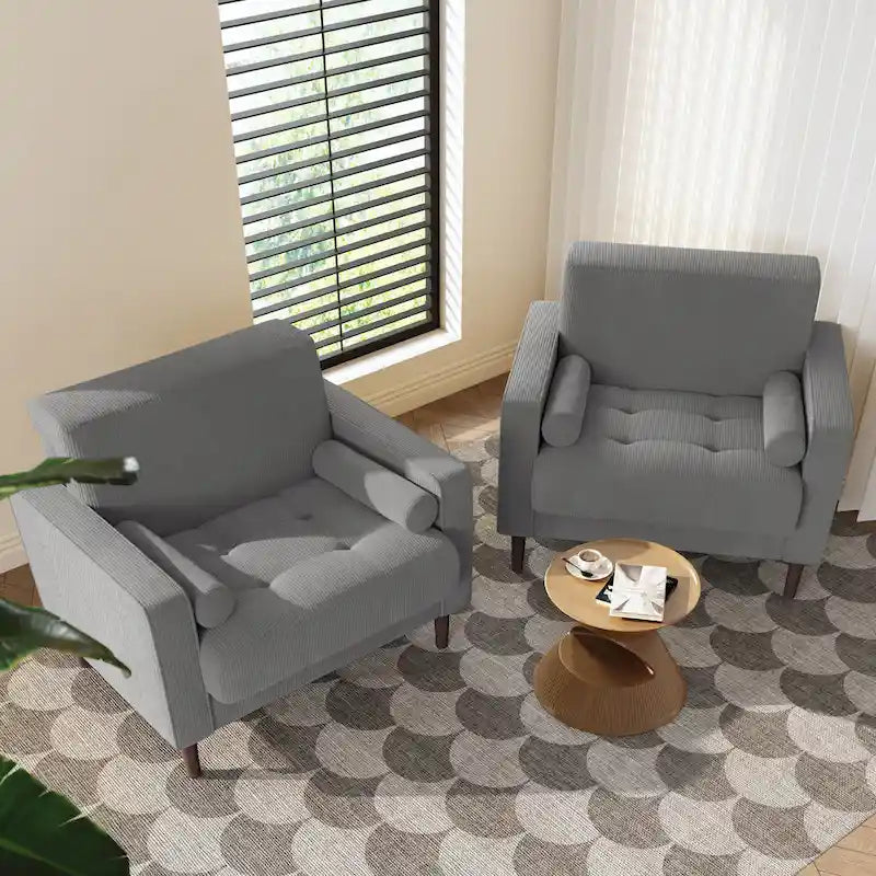 Fauteuil d'appoint en velours côtelé Mid-Century avec coussin cylindrique et pieds en bois