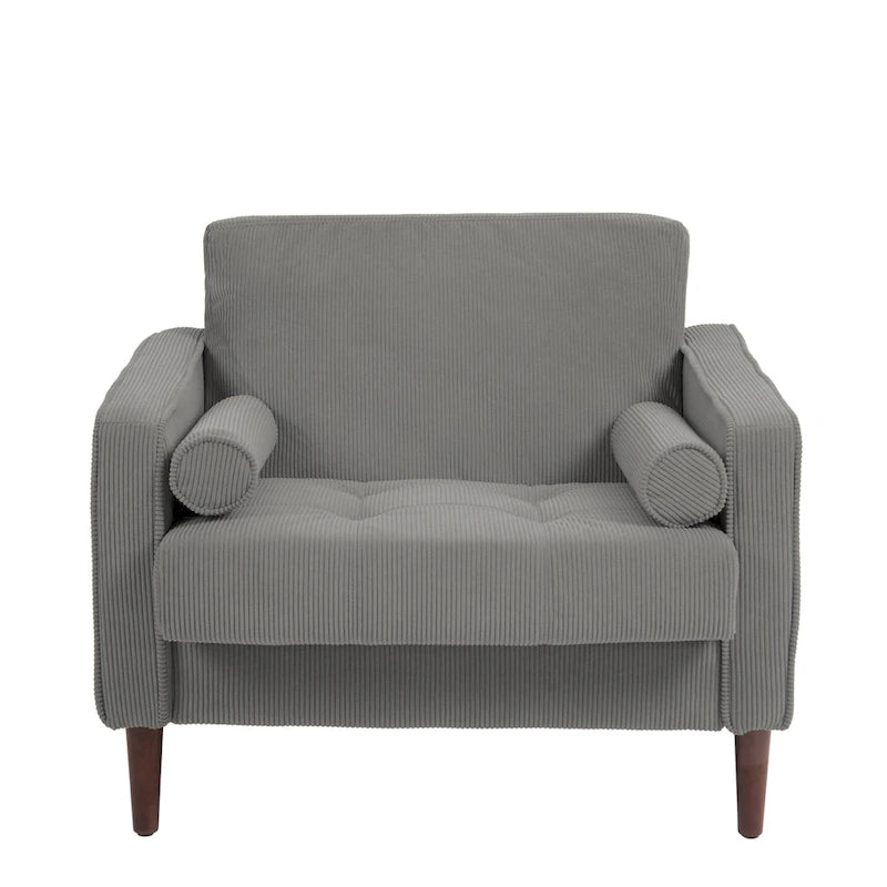 Fauteuil d'appoint en velours côtelé Mid-Century avec coussin cylindrique et pieds en bois
