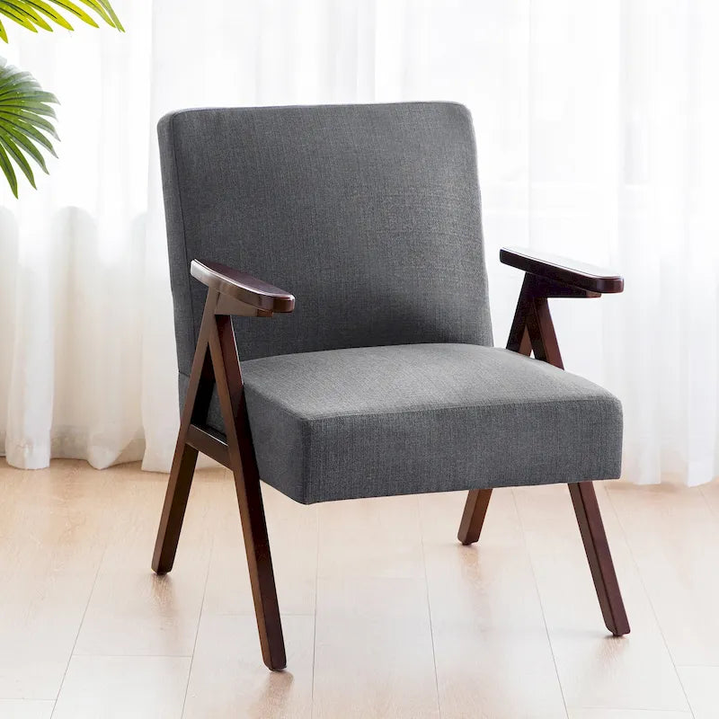 Fauteuil d'appoint rembourré du milieu du siècle avec cadre en bois massif, gris, blanc, bleu