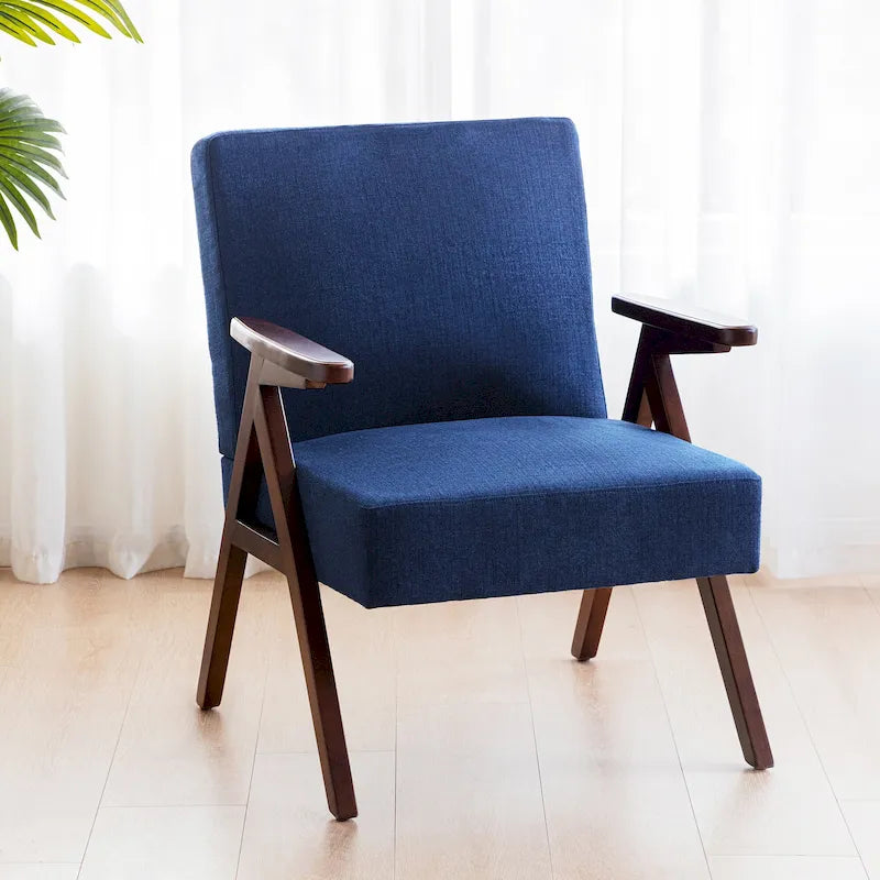Fauteuil d'appoint rembourré du milieu du siècle avec cadre en bois massif, gris, blanc, bleu