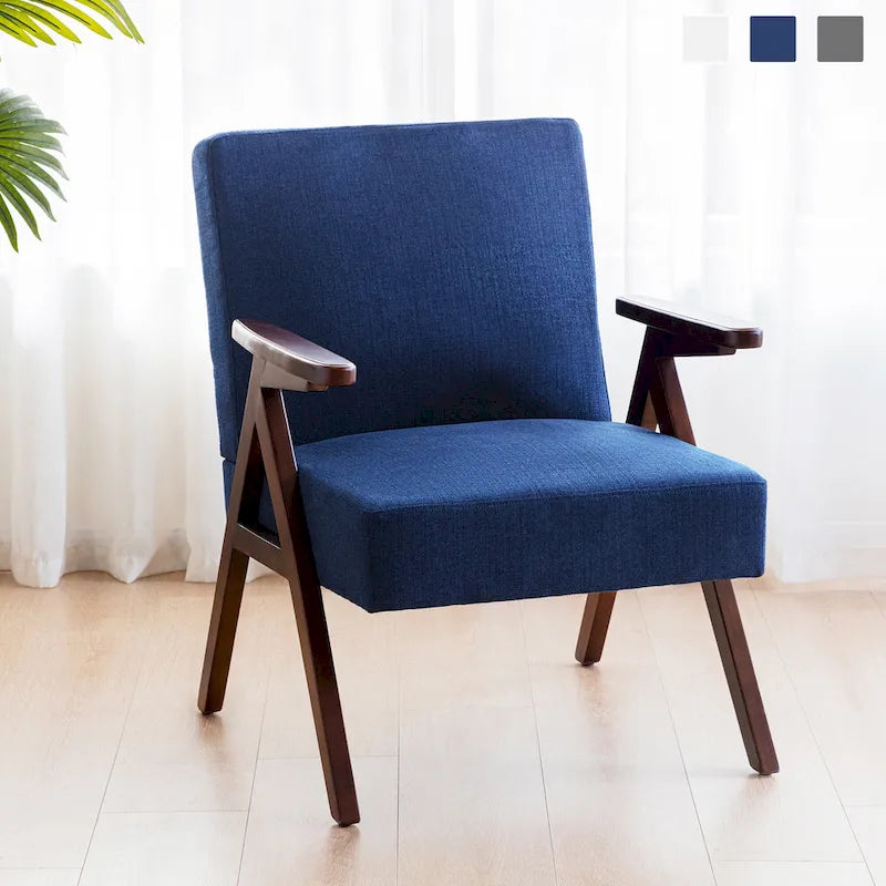 Fauteuil d'appoint rembourré du milieu du siècle avec cadre en bois massif, gris, blanc, bleu
