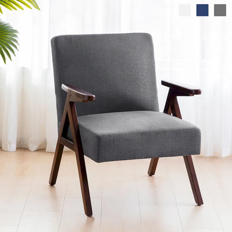 Fauteuil d'appoint rembourré du milieu du siècle avec cadre en bois massif, gris, blanc, bleu