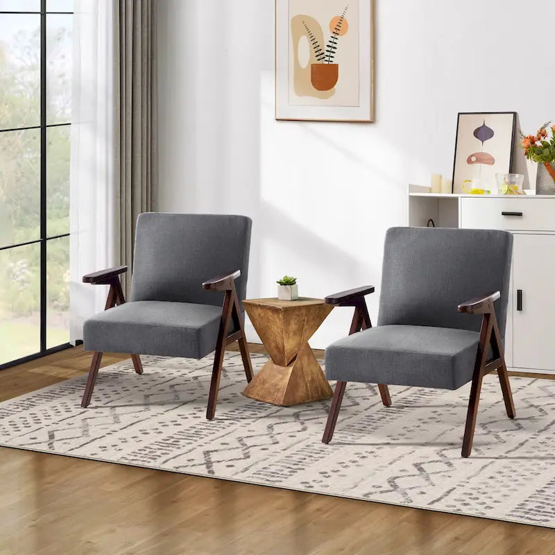 Fauteuil d'appoint rembourré du milieu du siècle avec cadre en bois massif, gris, blanc, bleu