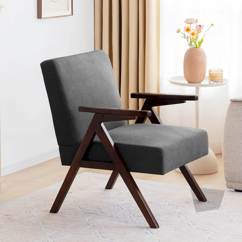 Fauteuil d'appoint rembourré du milieu du siècle avec cadre en bois massif, gris, blanc, bleu