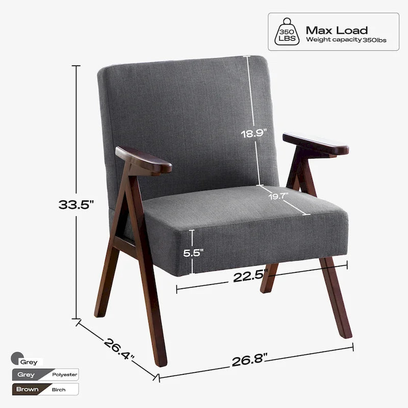 Fauteuil d'appoint rembourré du milieu du siècle avec cadre en bois massif, gris, blanc, bleu