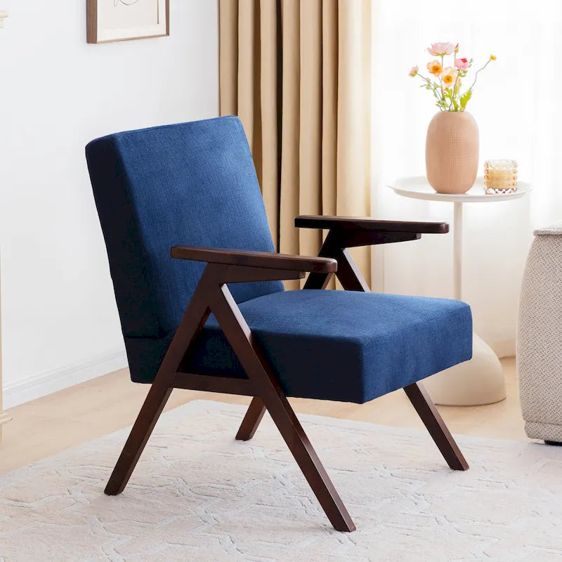 Fauteuil d'appoint rembourré du milieu du siècle avec cadre en bois massif, gris, blanc, bleu