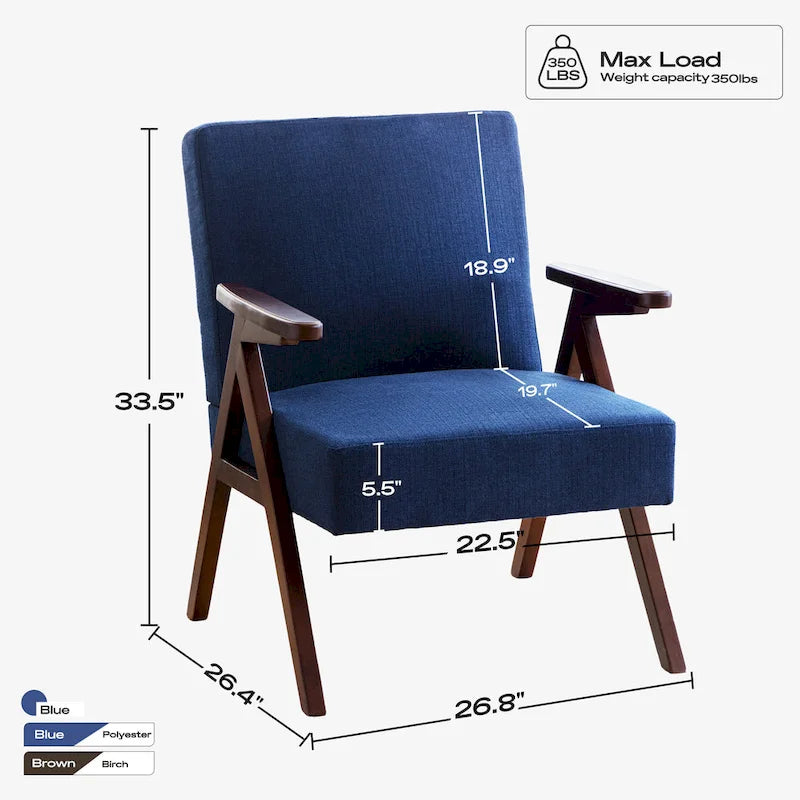 Fauteuil d'appoint rembourré du milieu du siècle avec cadre en bois massif, gris, blanc, bleu