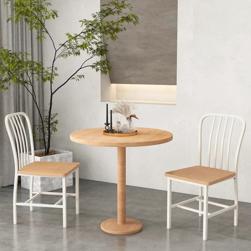 Chaise de salle à manger en métal blanc à dossier fuseau avec assise en bois naturel