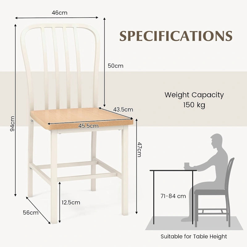 Chaise de salle à manger en métal blanc à dossier fuseau avec assise en bois naturel