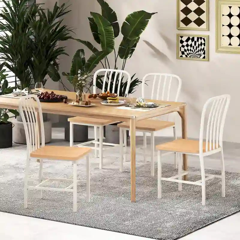 Chaise de salle à manger en métal blanc à dossier fuseau avec assise en bois naturel