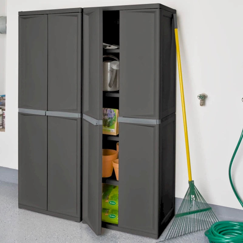 Armoire de rangement autonome grise à 4 étagères réglables avec portes battantes verrouillables