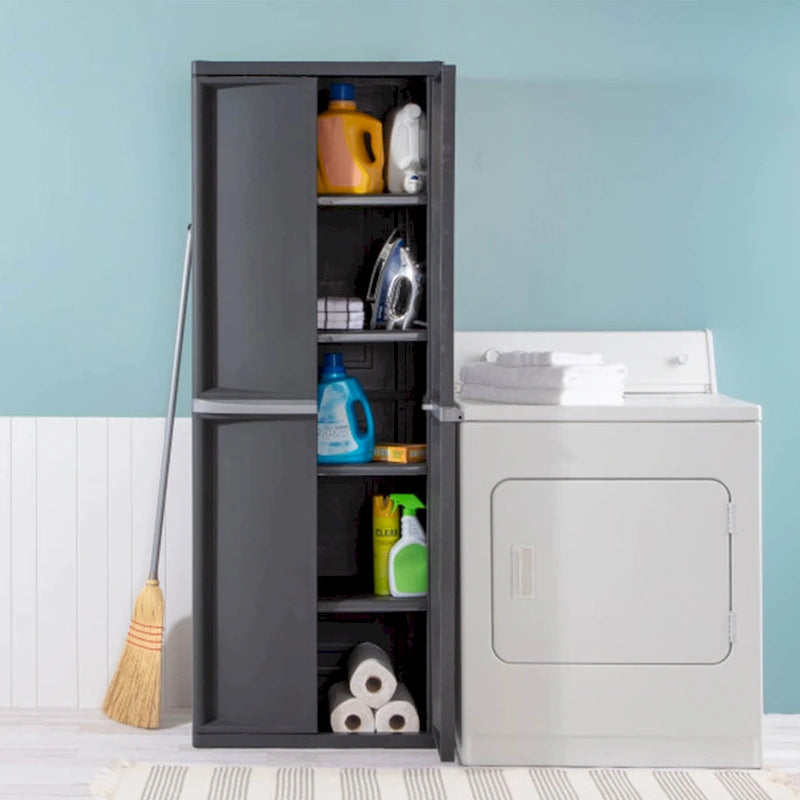 Armoire de rangement autonome grise à 4 étagères réglables avec portes battantes verrouillables