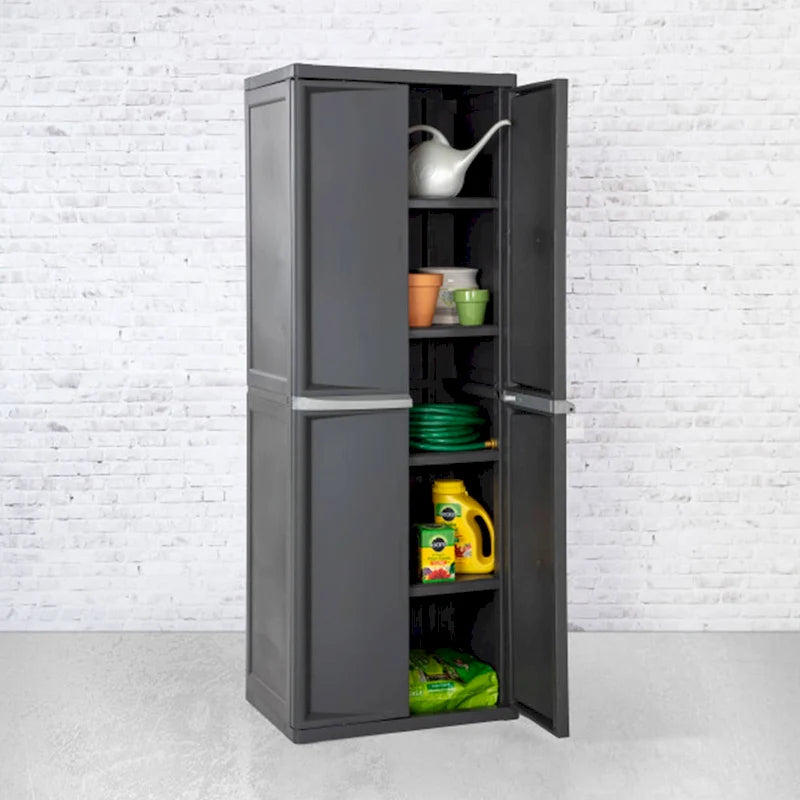 Armoire de rangement autonome grise à 4 étagères réglables avec portes battantes verrouillables