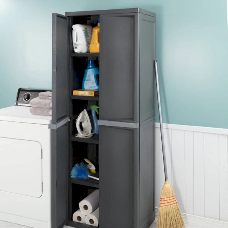 Armoire de rangement autonome grise à 4 étagères réglables avec portes battantes verrouillables