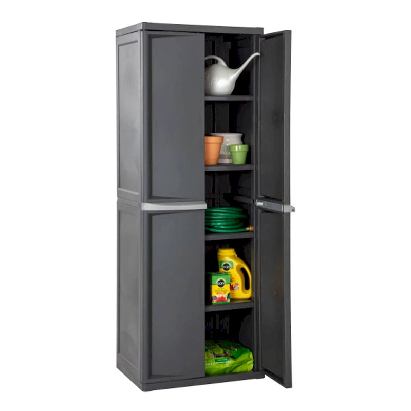 Armoire de rangement autonome grise à 4 étagères réglables avec portes battantes verrouillables