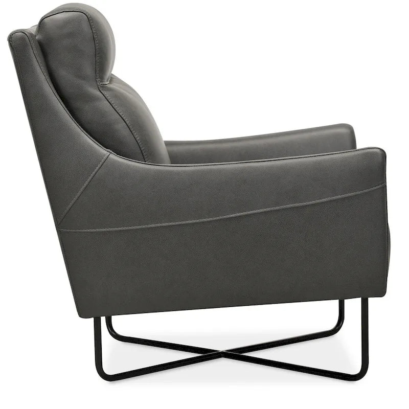 Fauteuil d'appoint en cuir semi-aniline gris avec piètement en métal noir