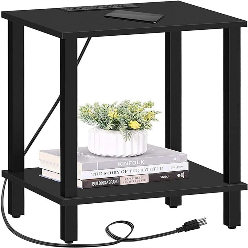 Table d'appoint moderne à 2 niveaux avec station de charge intégrée Marron Noir