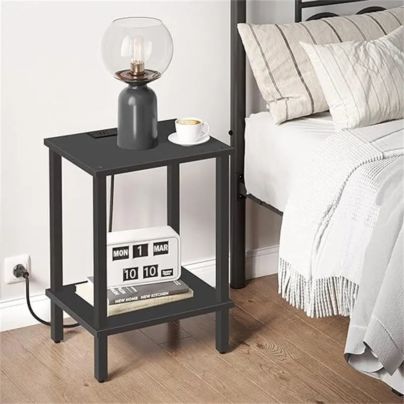 Table d'appoint moderne à 2 niveaux avec station de charge intégrée Marron Noir