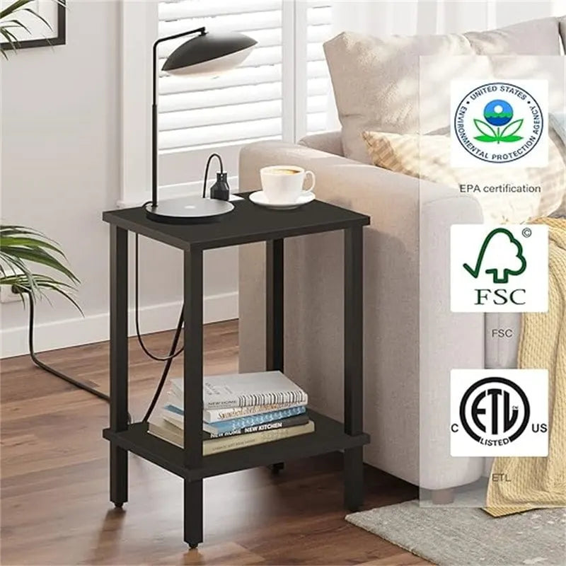 Table d'appoint moderne à 2 niveaux avec station de charge intégrée Marron Noir