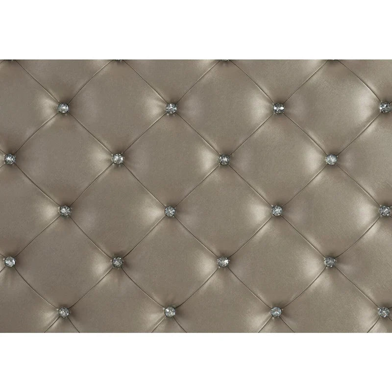 Lit rembourré capitonné en similicuir gris argenté avec garniture miroir