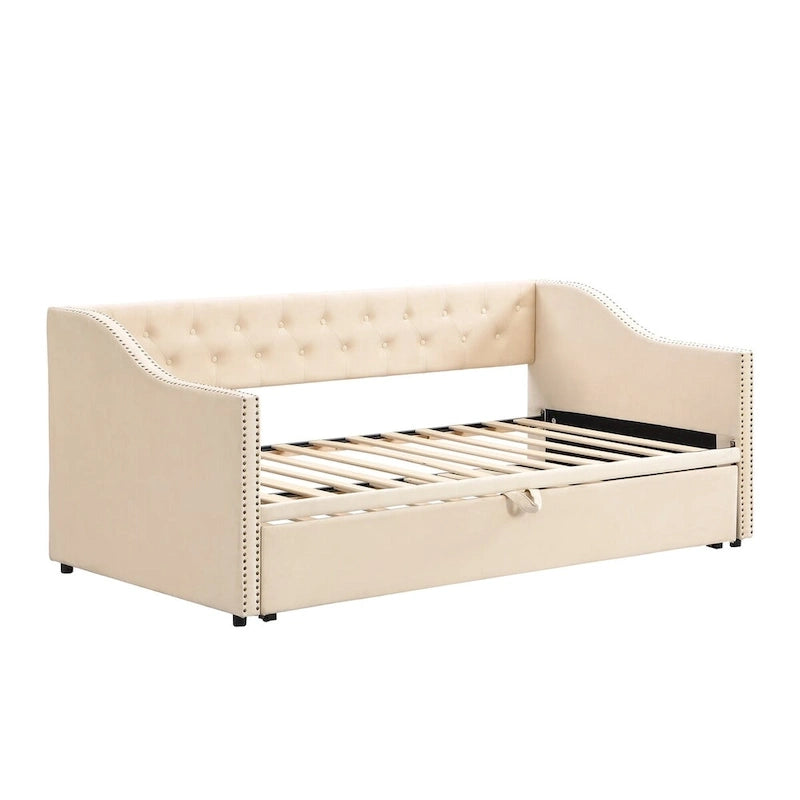 Lit de repos capitonné en velours touffeté avec dossier et accoudoirs cloutés, rose