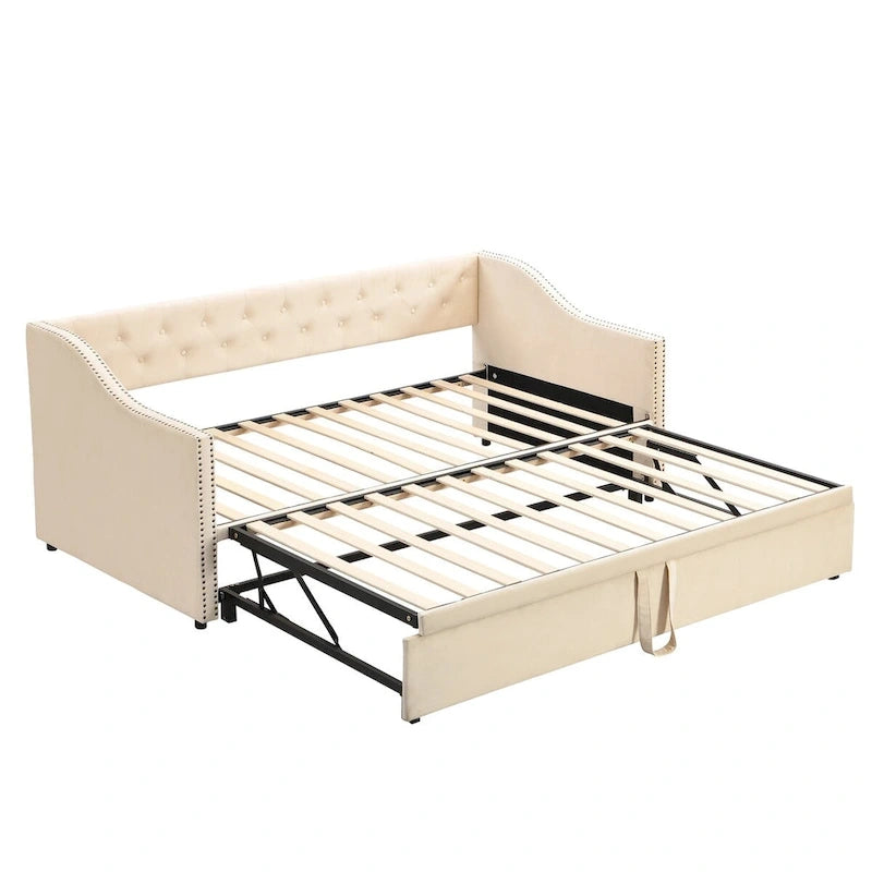 Lit de repos capitonné en velours touffeté avec dossier et accoudoirs cloutés, rose