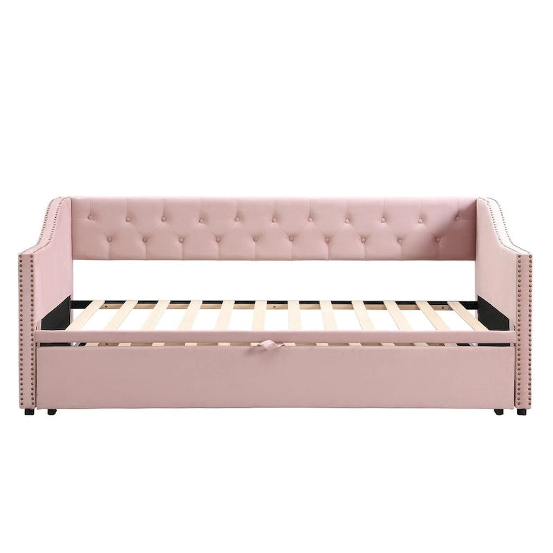 Lit de repos capitonné en velours touffeté avec dossier et accoudoirs cloutés, rose