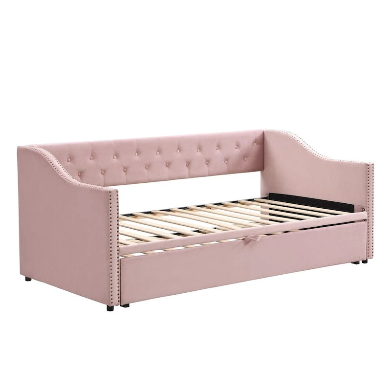 Lit de repos capitonné en velours touffeté avec dossier et accoudoirs cloutés, rose