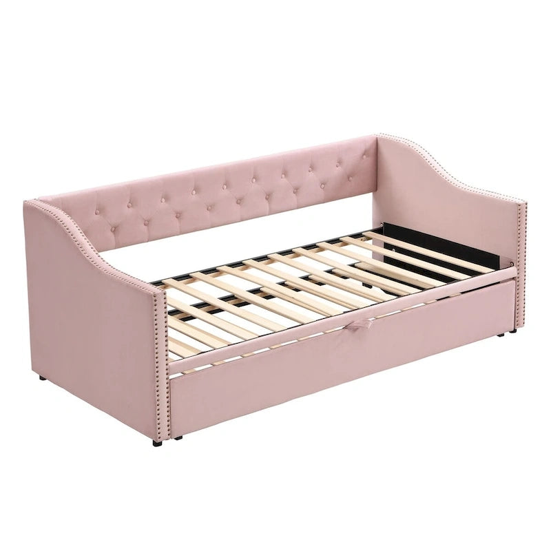 Lit de repos capitonné en velours touffeté avec dossier et accoudoirs cloutés, rose