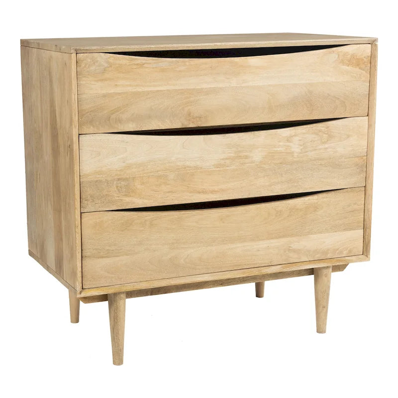 Commode trois tiroirs en bois massif naturel avec pieds coniques finition chêne noyer