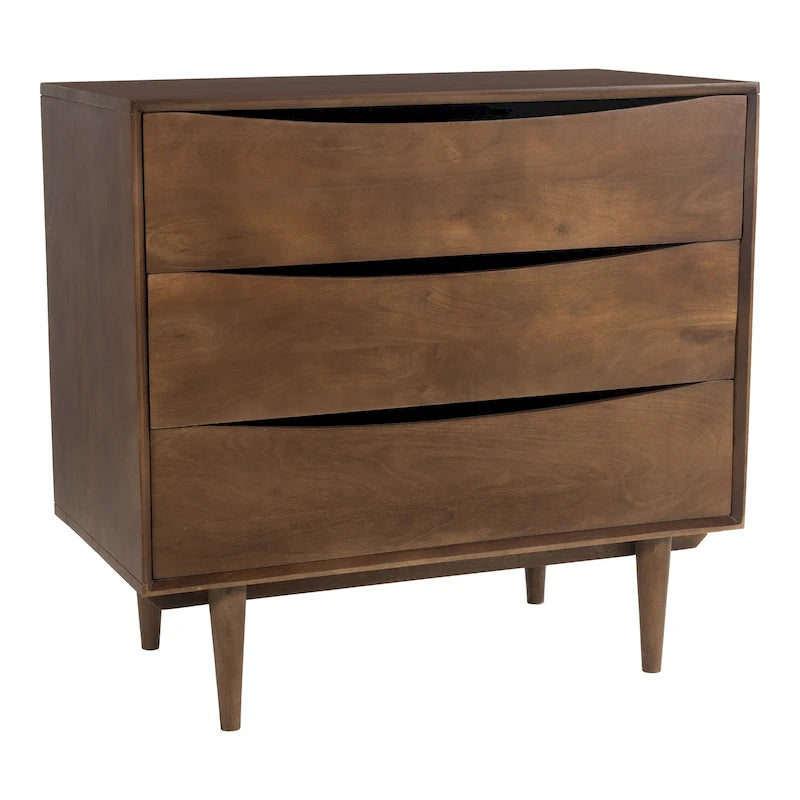 Commode trois tiroirs en bois massif naturel avec pieds coniques finition chêne noyer